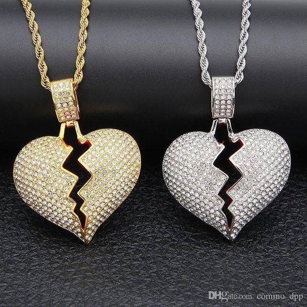 

iced out broken love heart pendant necklaces men s bling crystal rhinestone love charm gold silver twisted chain for women hip hop jewelry