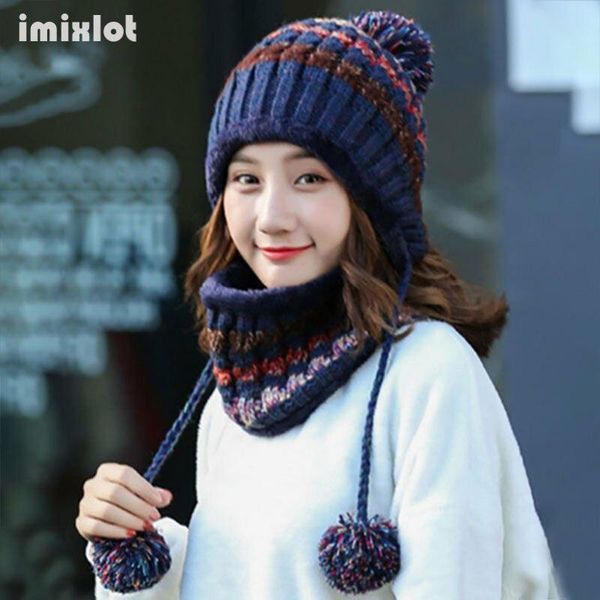 

winter knitted beanie hat with earflap pompom cap women thick warm beanies striped cotton wool hat scarf set outdoor riding sets, Blue;gray