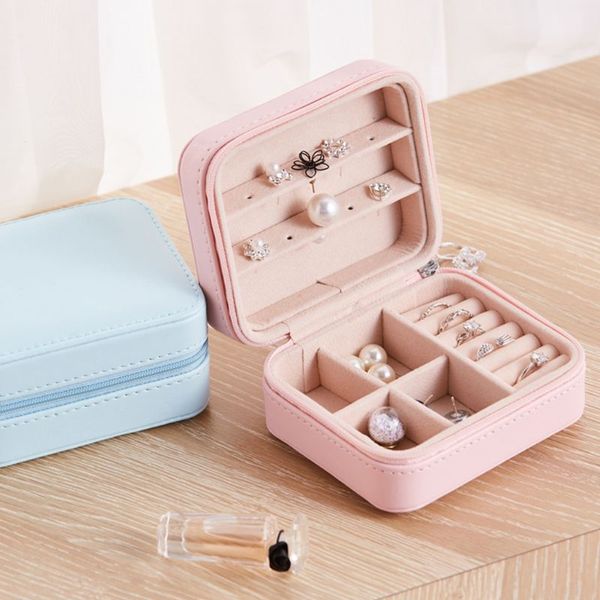 

pu single layer simple jewelry storage box creative earrings ear stud ring small jewellery case, Pink;blue