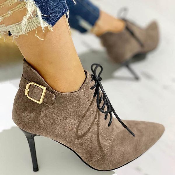 

new fur boots autumn winter women high heel snow shoes dropshipping elegant party pointed toe lace up female ankle boot, Black