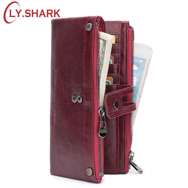

ly.shark red wallet female wallet women genuine leather women wallet long big green purse two zippers coin purse women clutch y19052302, Red;black