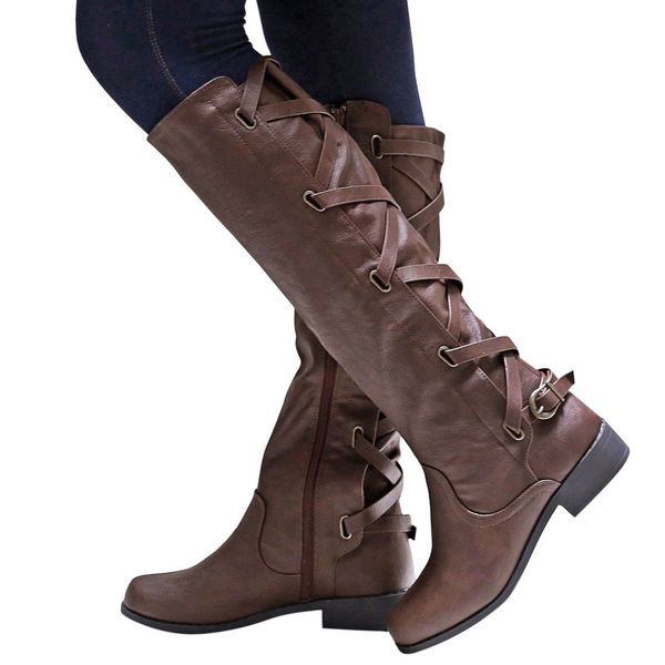 

2019 new womens boots winter cross strap long solid snow knee high bootie cowboy warm shoes bottes femme cuir veritable, Black