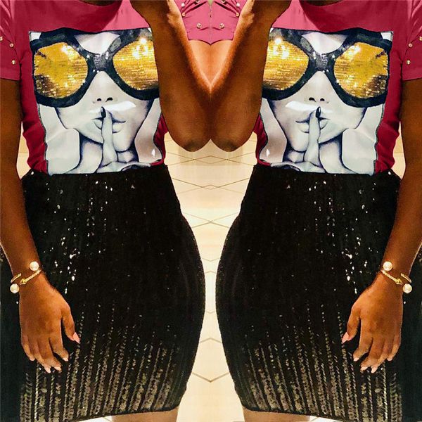 

2019 лето женщины футболка 3D блестки стекло ногтей бисер топы тройники шею женские