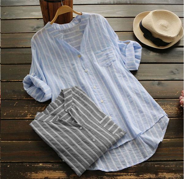 

women linen blouse autumn female casual 3/4 sleeve shirt mujer striped work blusa ladies v neck vestidos, White