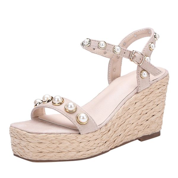 

sandals summer 2019Â womens fashion open toe shoes wedges thick bottom string bead beach shoes roman lady exquisite sandal, Black