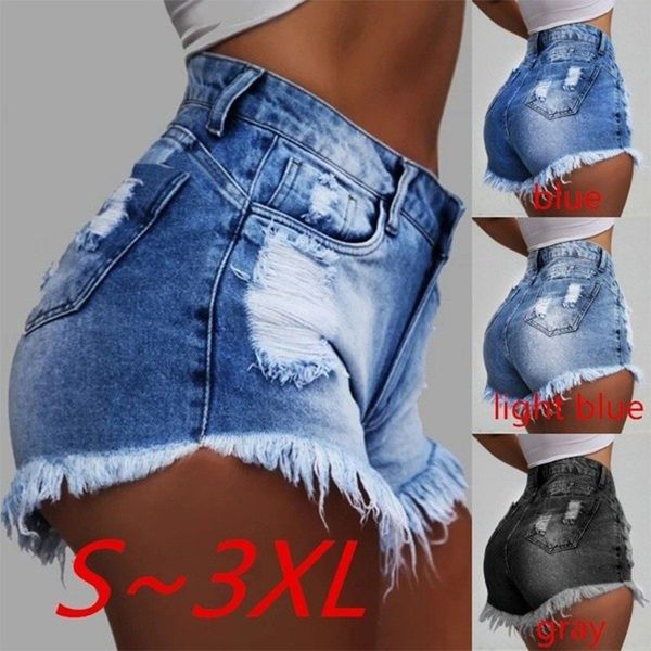 

women's denim shorts slimming tassels with holes denim shorts, Blue