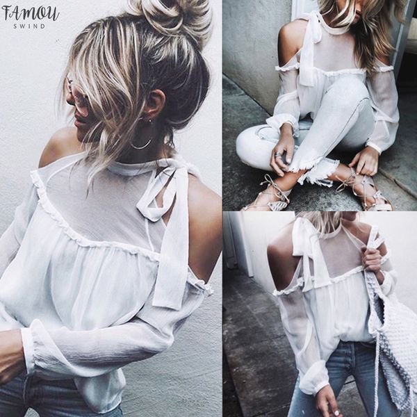 

womens clothing 2020 new fashion women solid white bare shoulder casual loose chiffon bandages blouse