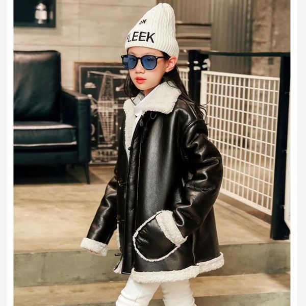 

winter girl pu stitching faux fur jacket children plus velvet warm outerwear modis teen kdis thicker parka lamb fur coat y2475, Blue;gray