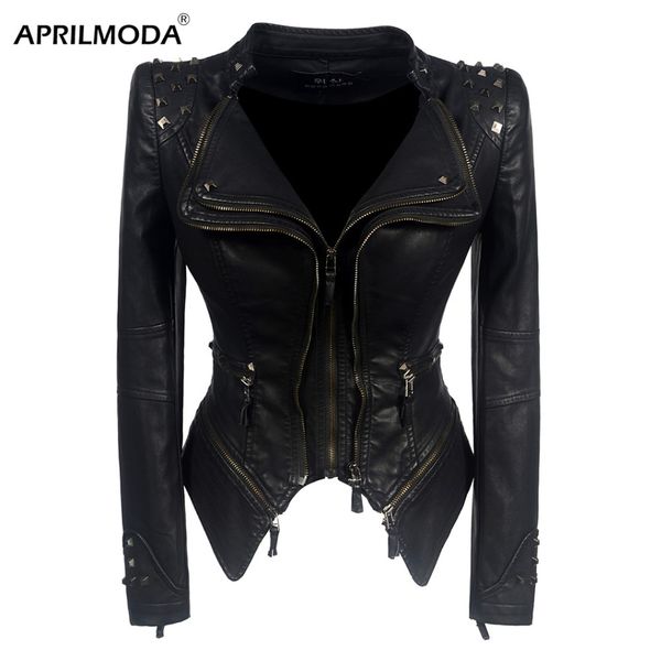 

women faux leather pu jacket punk rivet winter autumn black motorcycle jacket outerwear gothic faux long sleeve pu leather coat