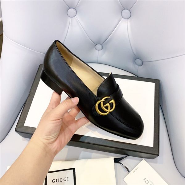 

brand fashion luxury designer women shallow mouth metal g buckle single shoes leather one pedal loafers retro square head dress shoes, Black