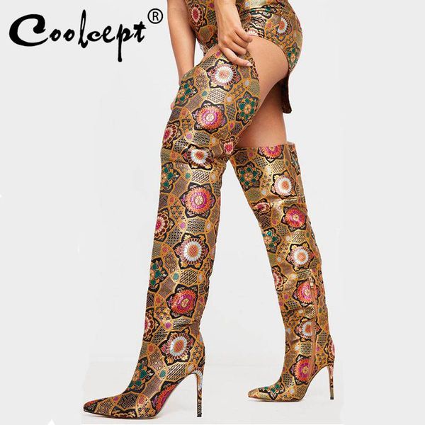 

coolcept thigh high boots women national style flowers pointed toe thin high heels brand new design shoes women size 35-43, Black