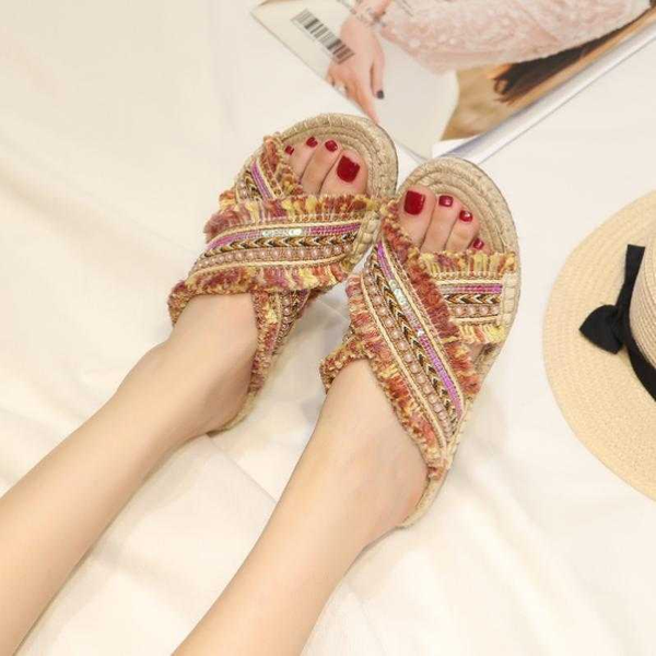 

sandals mixed color cross band bohemia women pearl beading beach slipper weaving tassel flat sandalias straw slides shoes woman, Black