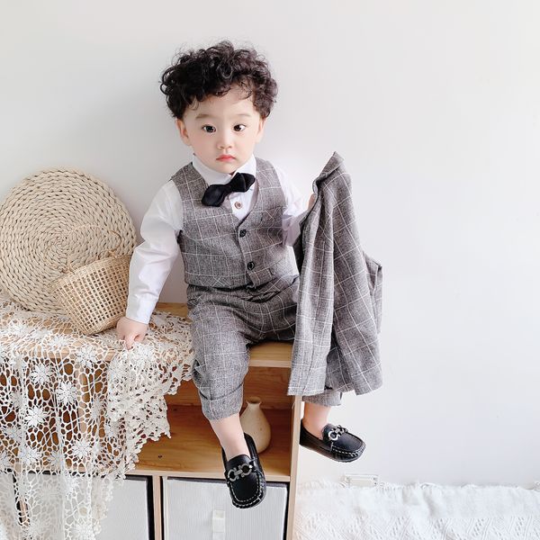 

formal boy plaid gray suit set children's wedding party performance costume kids tuxedo vest shirts pants clothing set, White