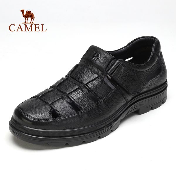 

camel men's shoes hollow breathable men sandals casual cushioning genuine leather middle-aged flexible cowhide father shoes, Black