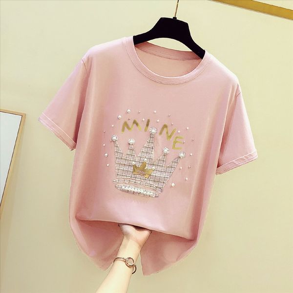 

heavy industry beaded white t-shirt women's short sleeve 2020 super fire loose t-shirt slim half sleeve top