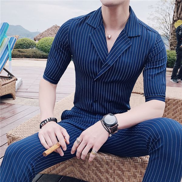 

spring/summer 2020 two-piece british double-breasted stripe sleeve suit + stripe nine minutes of pants suit, White;black