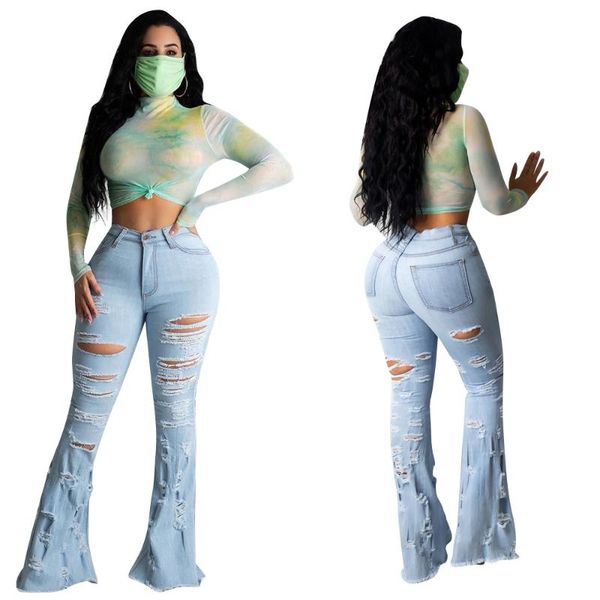 

women's jeans women mid-waist hole denim pants 2021 female casual ripped flared ladies fashion light blue trousers d30