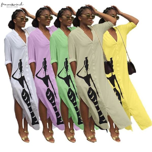 

2020 women autumn character print side split maxi blouses shirt midi dress casual fashion white long vestidos dresses gll042, Black;gray