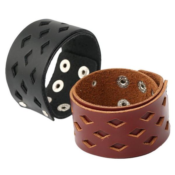 

fashion punk men women jewelry handmade black brown wide cowhide leather vintage retro bangle for biker wristbands, White