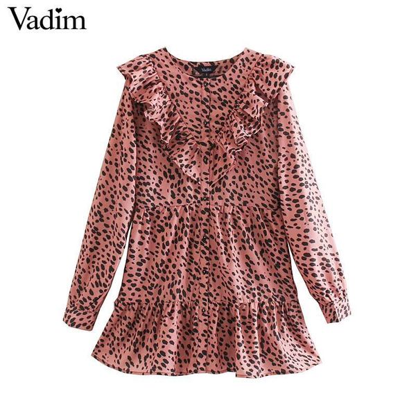

vadim women elegant leopard print mini dress animal pattern ruffles long sleeve female casual straight dresses qc860, Black;gray