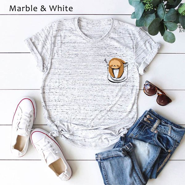 

fashion women's t-shirt summer design new cute pocket sloth large size cotton short sleeve women's t-shirt size s-5xl, White