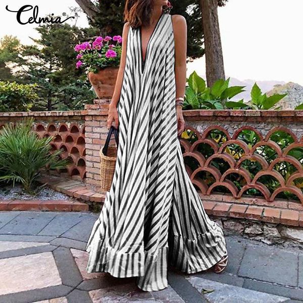 

summer dress celmia bohemian women maxi long dress ladies v-neck casual loose ruffle vestidos party robe plus size 5xl, Black;gray