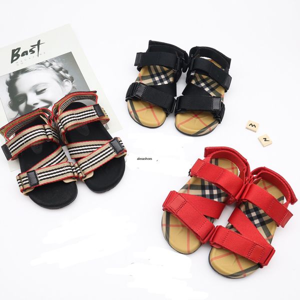 

comfortable designer boy girl vintage plaid tear-resistant belt sandals for kids black red stirpe size 24-35