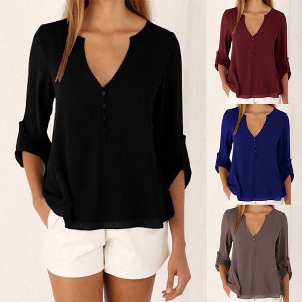 

women summer blouse long sleeve solid loose blouse v neck tunic shirt chiffon casual office work shirt, White