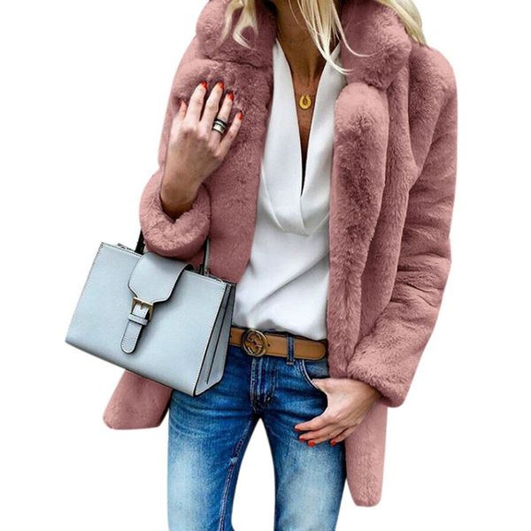 

missky new women furry coat solid color long sleeve lapel soft fleeced jacket outwear for winter, Black;brown