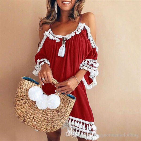 

designer summer dresses spaghetti strap panelled tassel dress backless loose sundress female lace print clothing, Black;gray