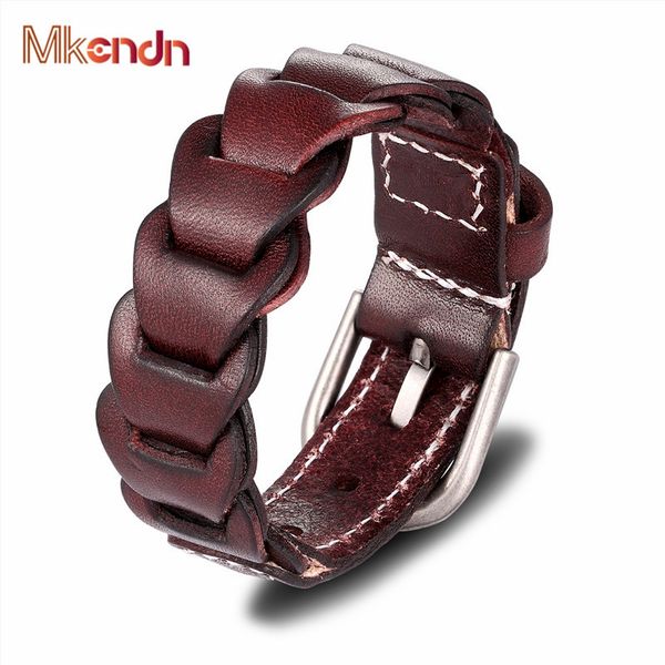 

mkendn new fashion retro bracelet homme genuine black braid woven leather bracelet men woman bracelets bangles, Golden;silver