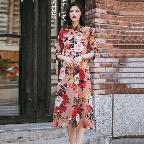 

womens designer mulberry improved cheongsam slim slimming ladies temperament print split silk skirt2fmr, Black;gray