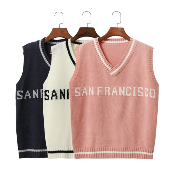 

letter knitted v-neck sweaters sleeveless sweet girls pullovers fashion slim vest style sweater autumn loose k, Black;white