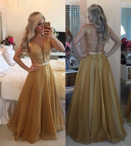 

custom made gorgeous pearls vestidos de festa gold prom dresses see through back appliqued chiffon evening prom gowns, Black;red