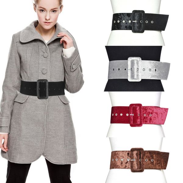

fashion women wide belt silver pin buckle velvet flannel belts decorate waistband korean ladies dress party belt black ceinture, Black;brown