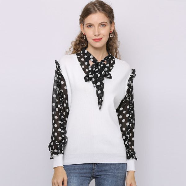 

2020 новой осень женщина шитье волновой точка свитера женского лук галстук пуловеры женский темперамент фонарь рукав девушка прокоммутирует, White;black