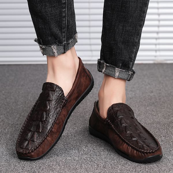 

british style crocodile pattern shoes men autumn casual shoes men breathable leather peas loafers trend lazy loafers, Black