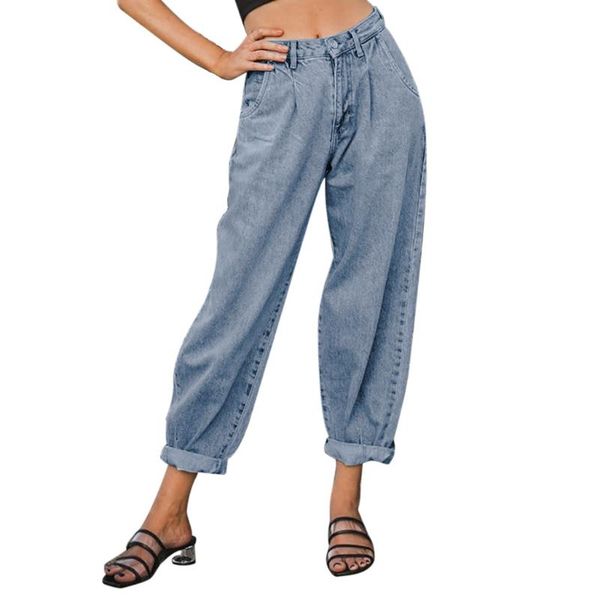 

women fashion spring pants solid color pants solid pocket high waist jeans denim harem trousers #37%, Black;white
