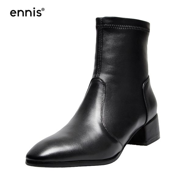 

ennis 2019 black genuine leather boots women thick heel suede ankle boots autumn winter stretch designer shoes khaki a9150