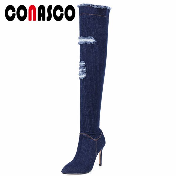

conasco slim long party wedding shoes woman thin high heels pointed toe over the knee high boots ladies long knight boots, Black