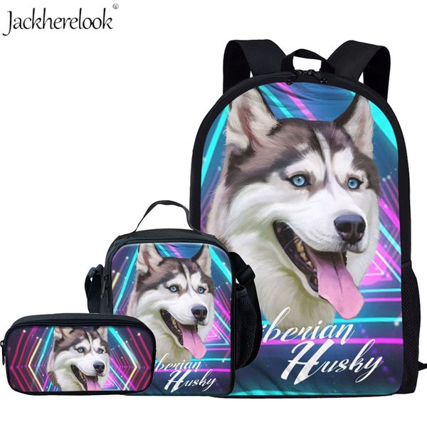

jackherelook siberian husky school bags set for boys girks kids 3d dog printing backpack children animal book bag satchel 3pcs