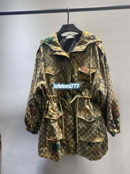 

2020 Женщины Vintage Luxury Design Цветочные печати с капюшоном куртки пальто девушки Runway Outwear Крупногабаритные моды Рубашки Топы Parka куртки с карманом