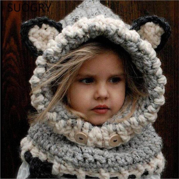 

2016 korean version of the fall and winter warm hat neck scarves wool knit cap cute baby girl child hood hooded scarf beanie hat