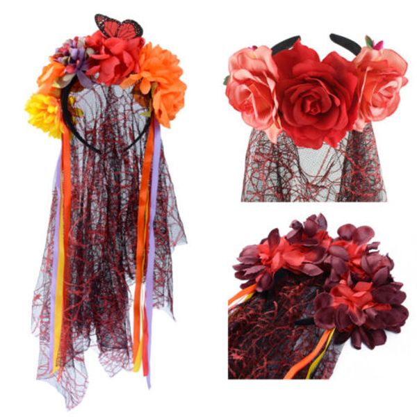 

women girls veil corpse bride roses flower mexican day of the dead hairband headband halloween fancy party costume accessory