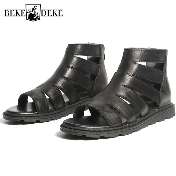 

summer fashion mens high hollow out gladiator sandals man zipper open toe flats genuine leather shoes beach sandals white, Black