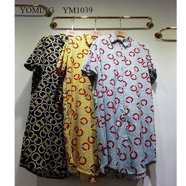 

women's blouses & shirts yoming ym1039 fashion plus size print long turn-down collar short sleeve buttons style streetwear, White