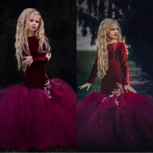 2019 Burgundy Mermaid Velvet Girls Pageant Dresses Appliques