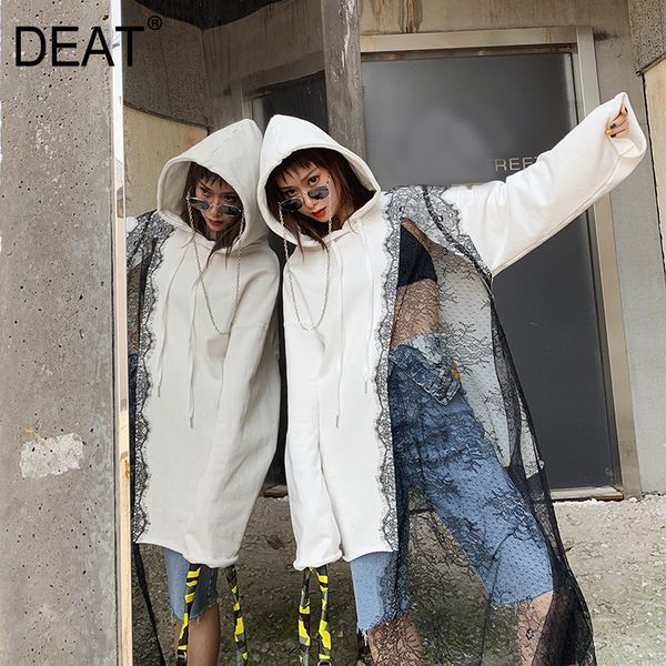 

deat] 2019 new spring summer hooded long sleeve \white irrgular mesh split joint big size sweatshirt women fashion tide js15, Black