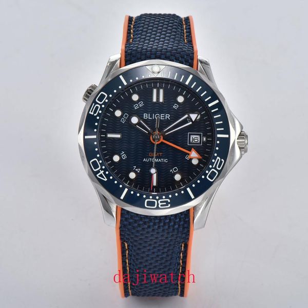 

corgeut41mm bliger blue dial automatic movement watch gmt men's sapphire crystal ceramic panel blue nylon belt, Slivery;brown