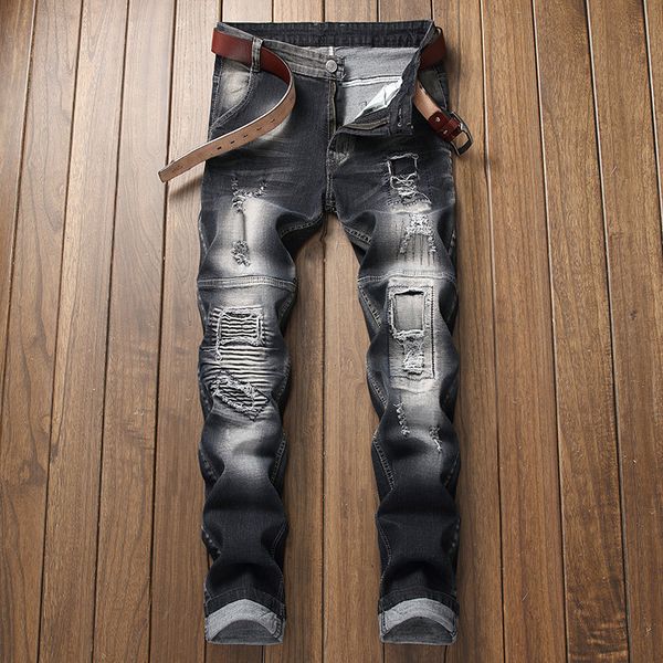 

mens designer hole patch slim motorcycle pleated jeans pants, Blue